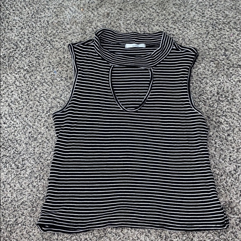 Striped bib turtleneck tank top with cut out
